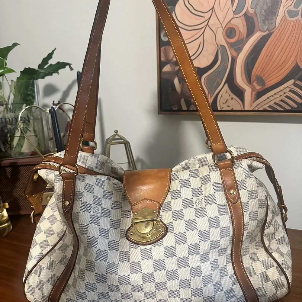 Louis Vuitton Damier Azur Canvas Shoulder Bag with Natural Vachetta Trim